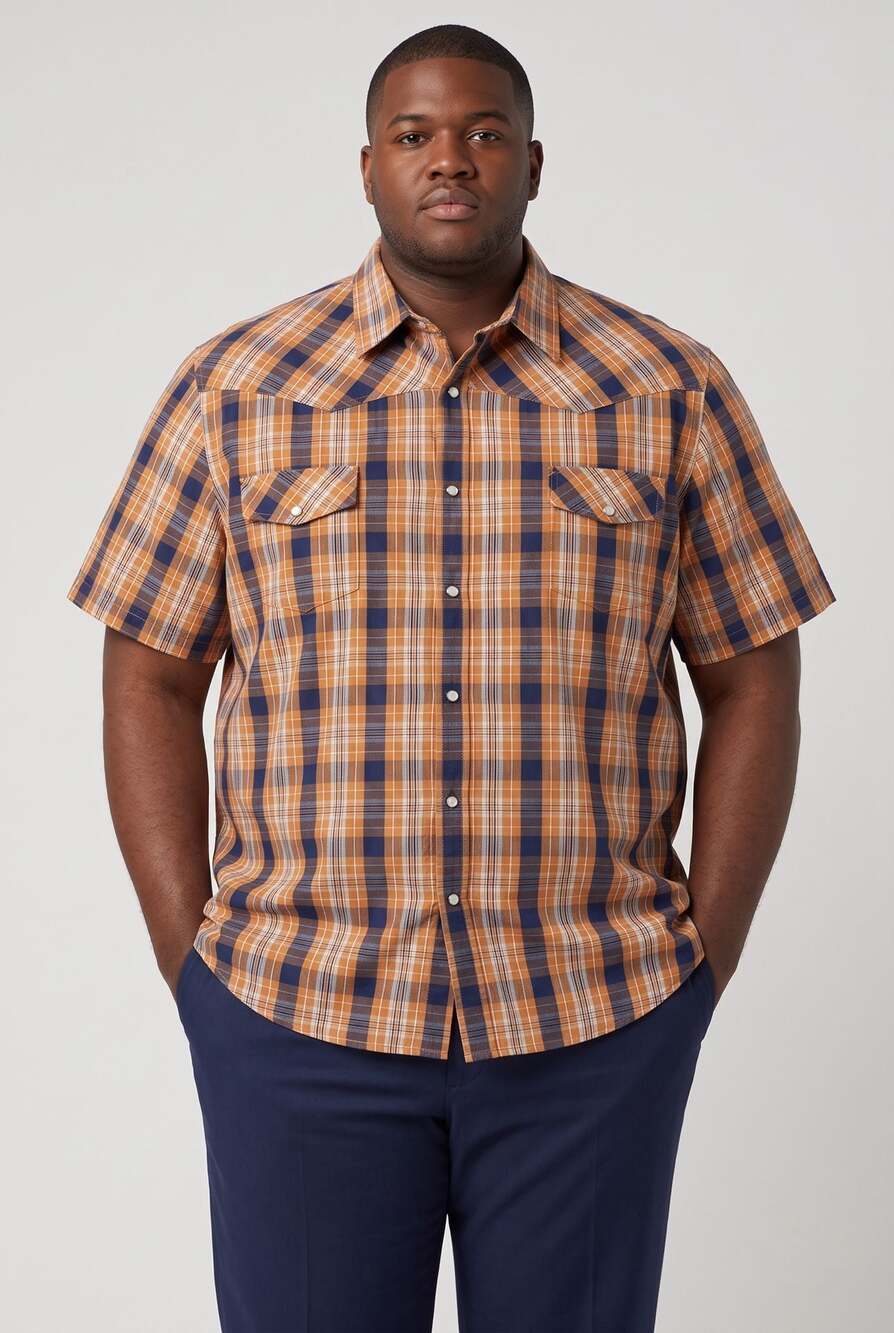 Mossimo Men's Short Sleeve Plaid Western Shirt Orange Navy Size XXL
